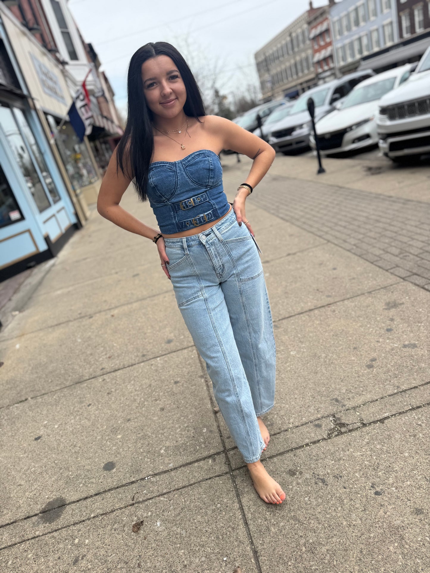 Denim Front Buckle Top