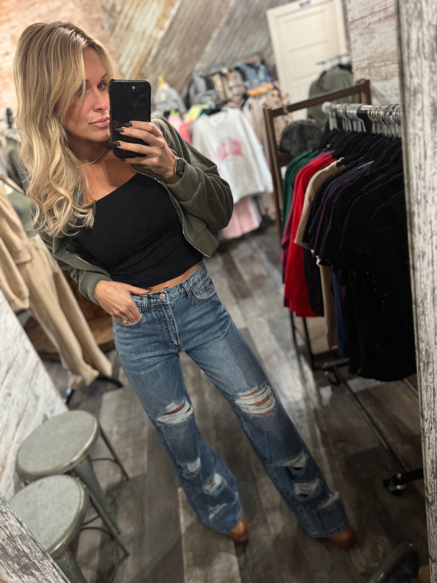 High Rise Distress Wide Leg