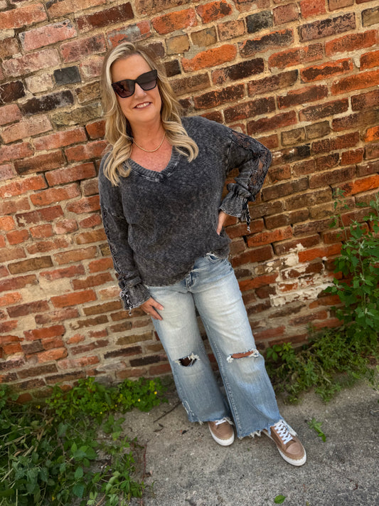 Mineral Wash lace bow tie sleeve Melangie blouse
