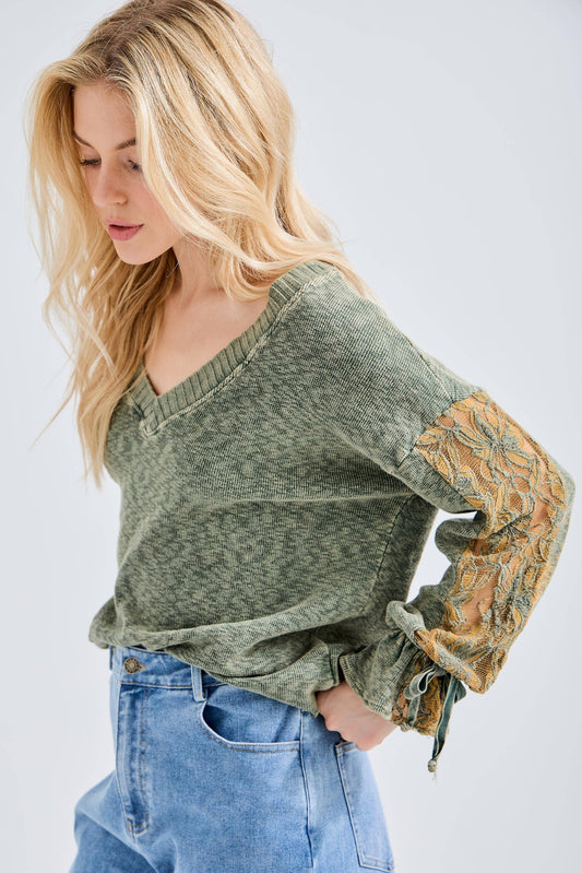 Mineral Wash lace bow tie sleeve Melangie blouse