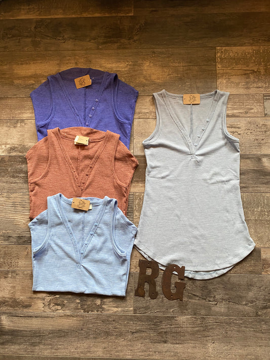 Ribbed Button V-Neck