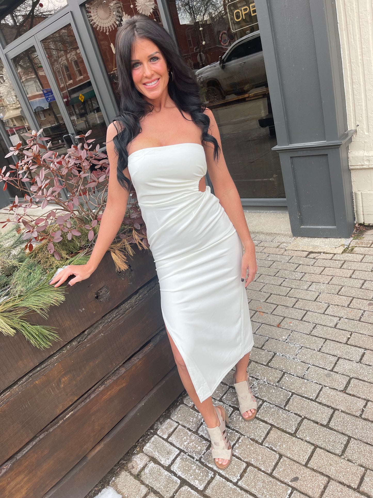 Strapless high slit dress