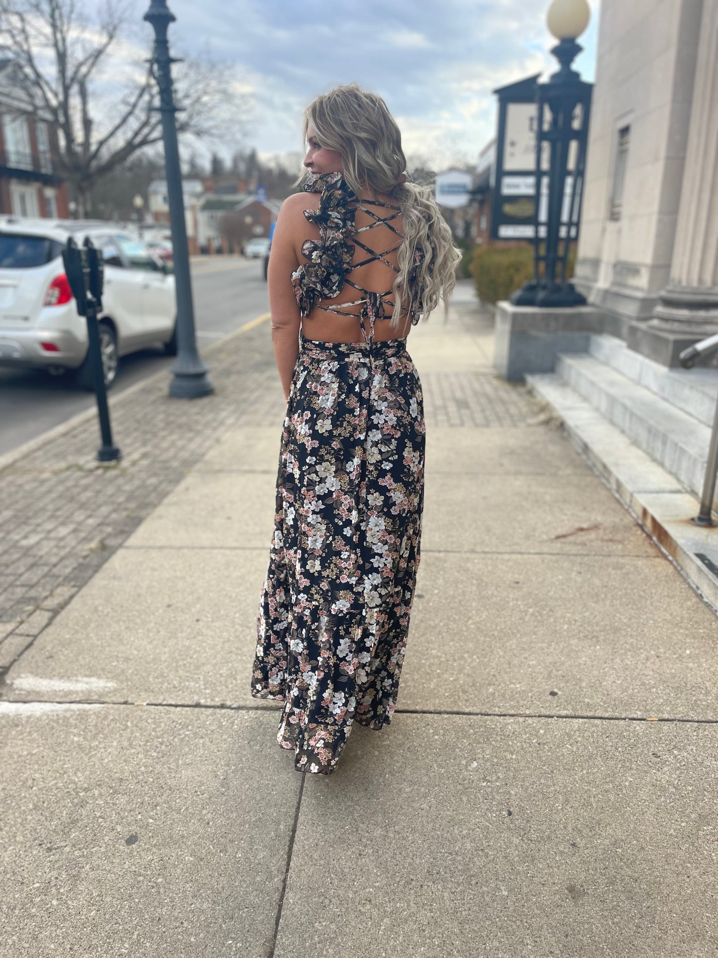 Black floral ruffle maxi