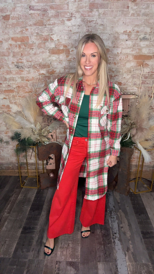 Long Plaid Holiday Shacket