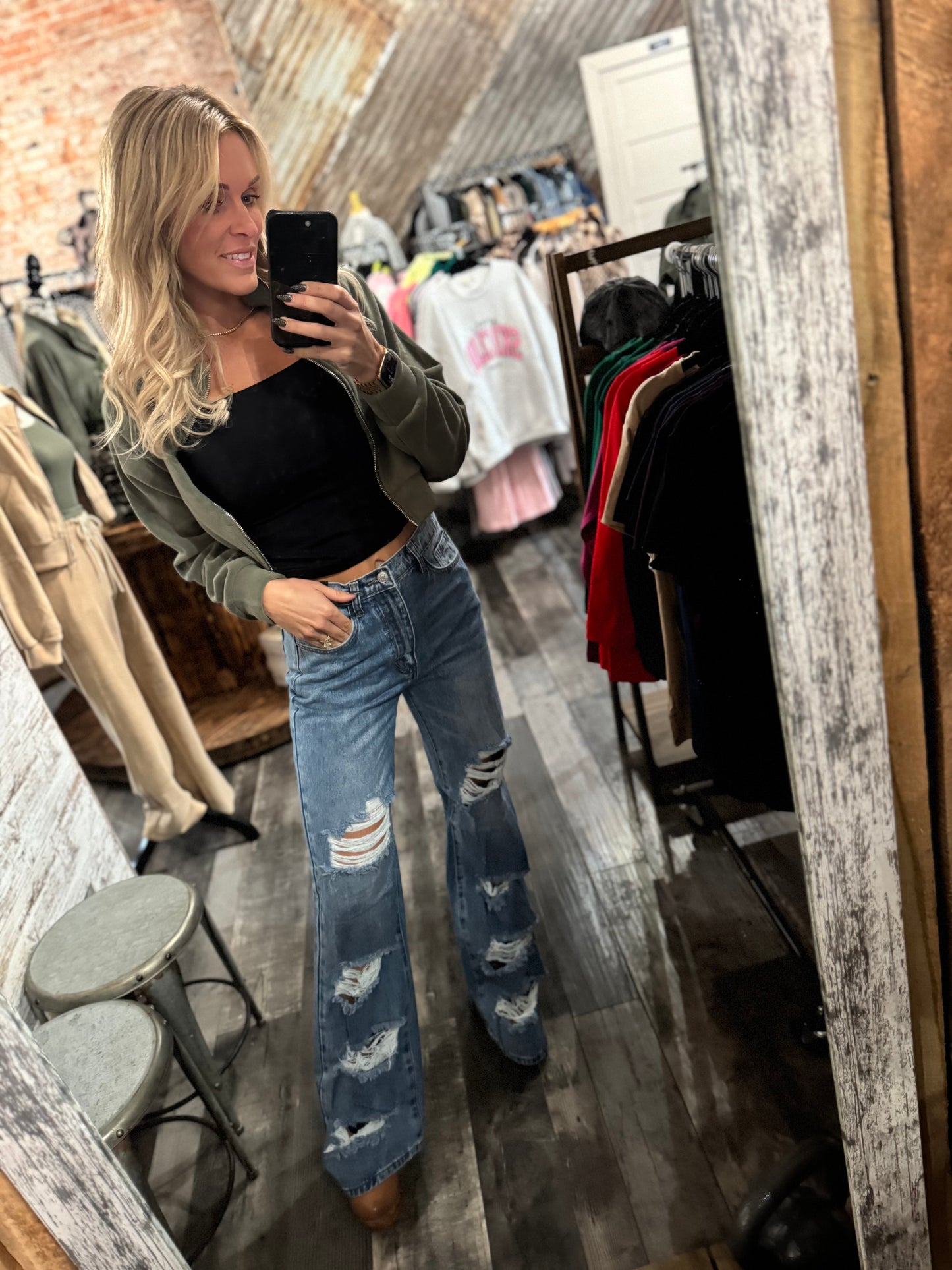 High Rise Distress Wide Leg