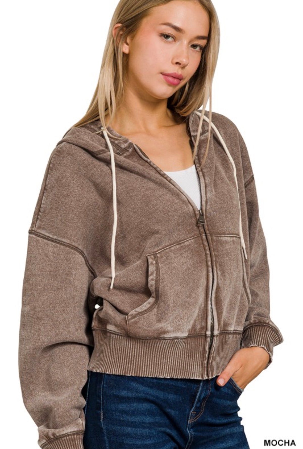 Cropped Acid Wash Zip Up