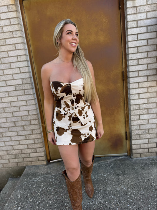 Cow Print Denim Strapless