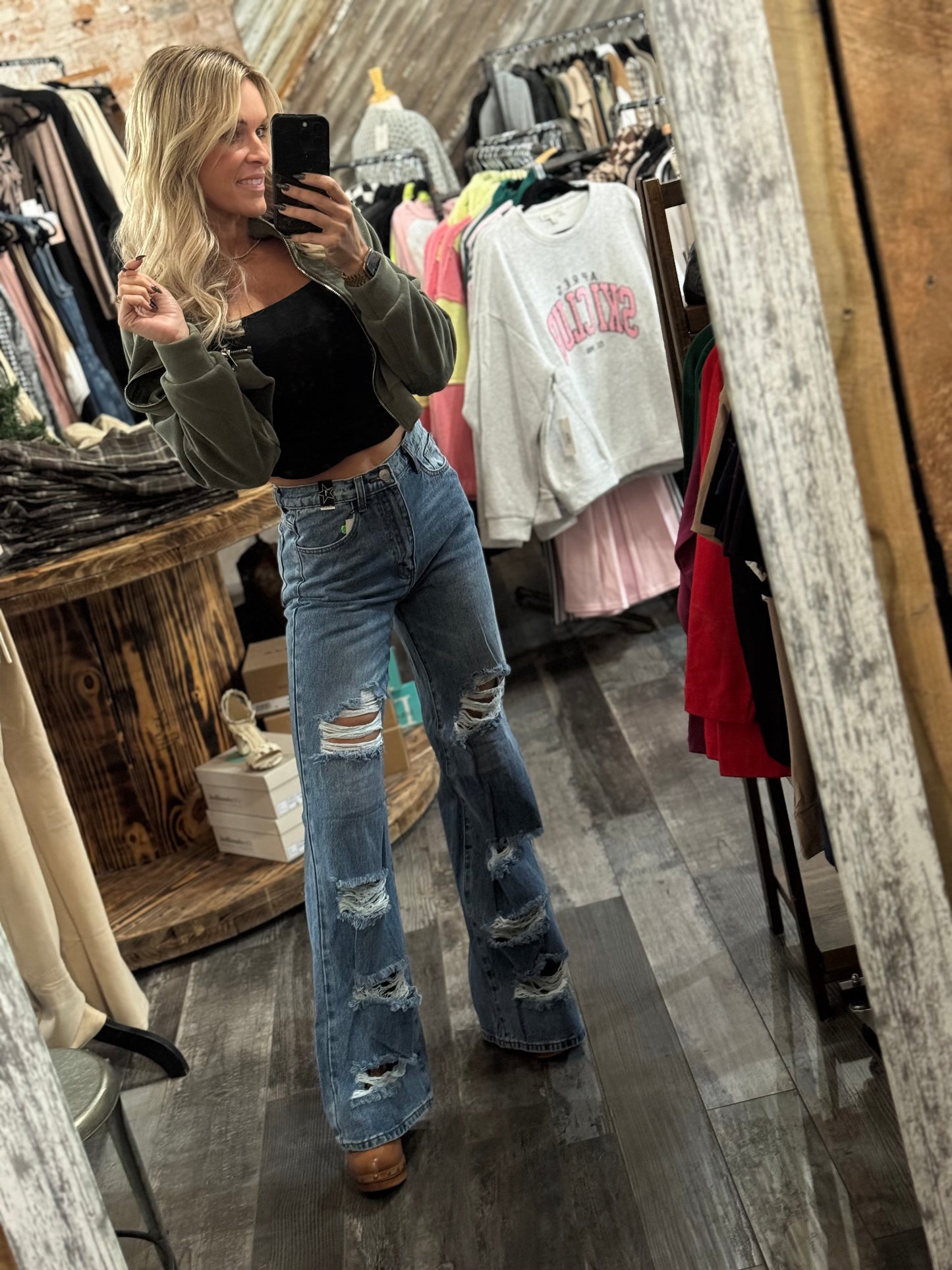 High Rise Distress Wide Leg