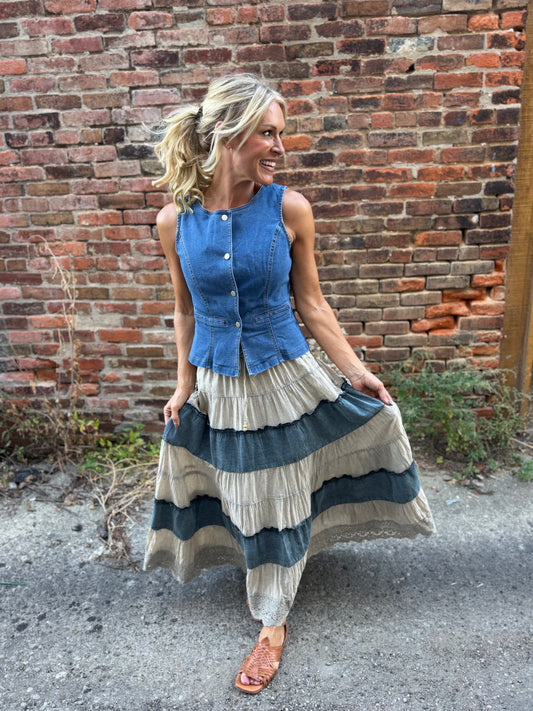 Denim Lace Maxi Skirt
