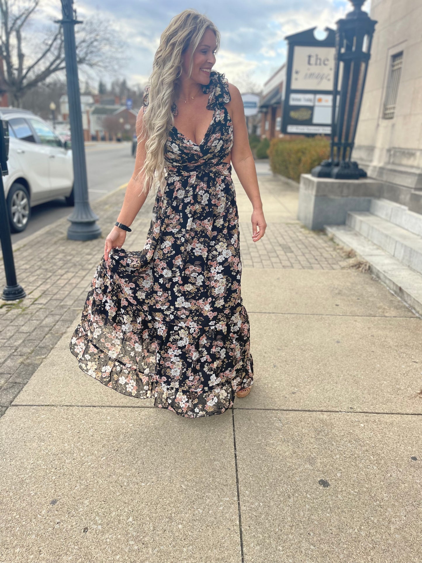 Black floral ruffle maxi