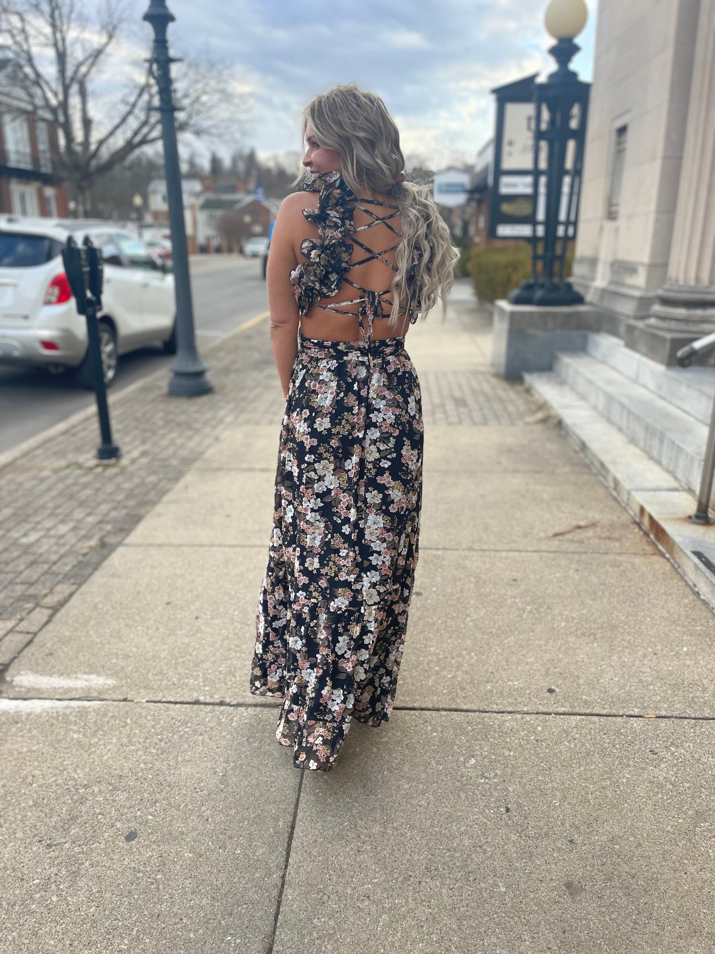 Black floral ruffle maxi